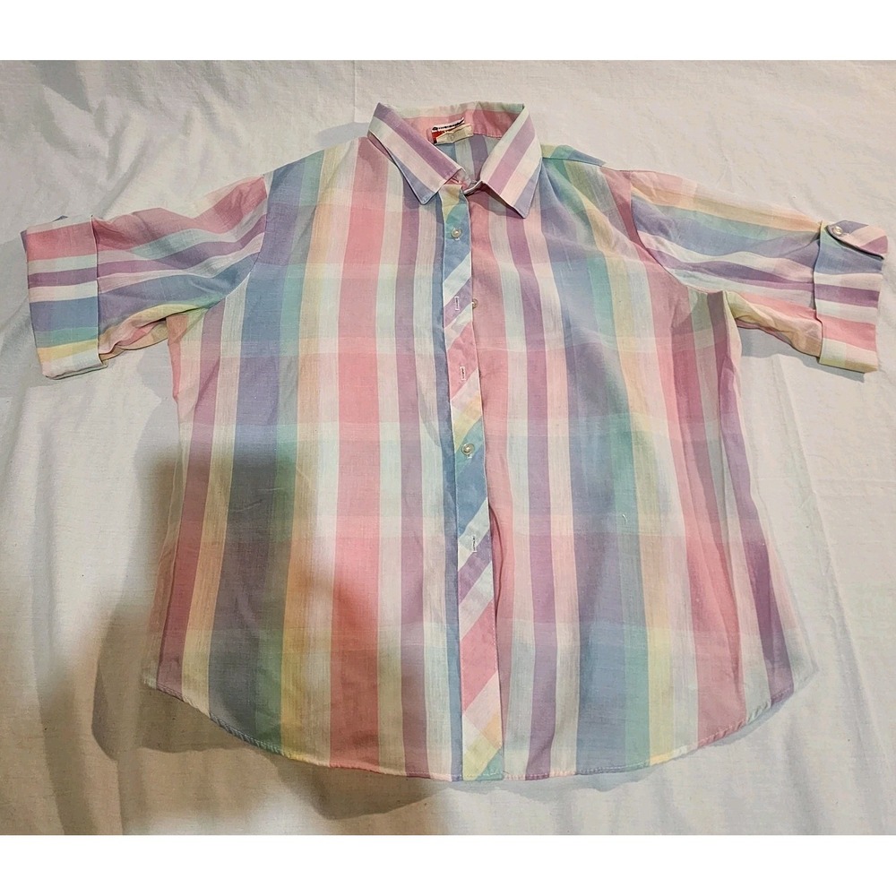 Vintage 80s Shirt Accent Women's Button Down Shirt Pastel Striped Retro Blouse